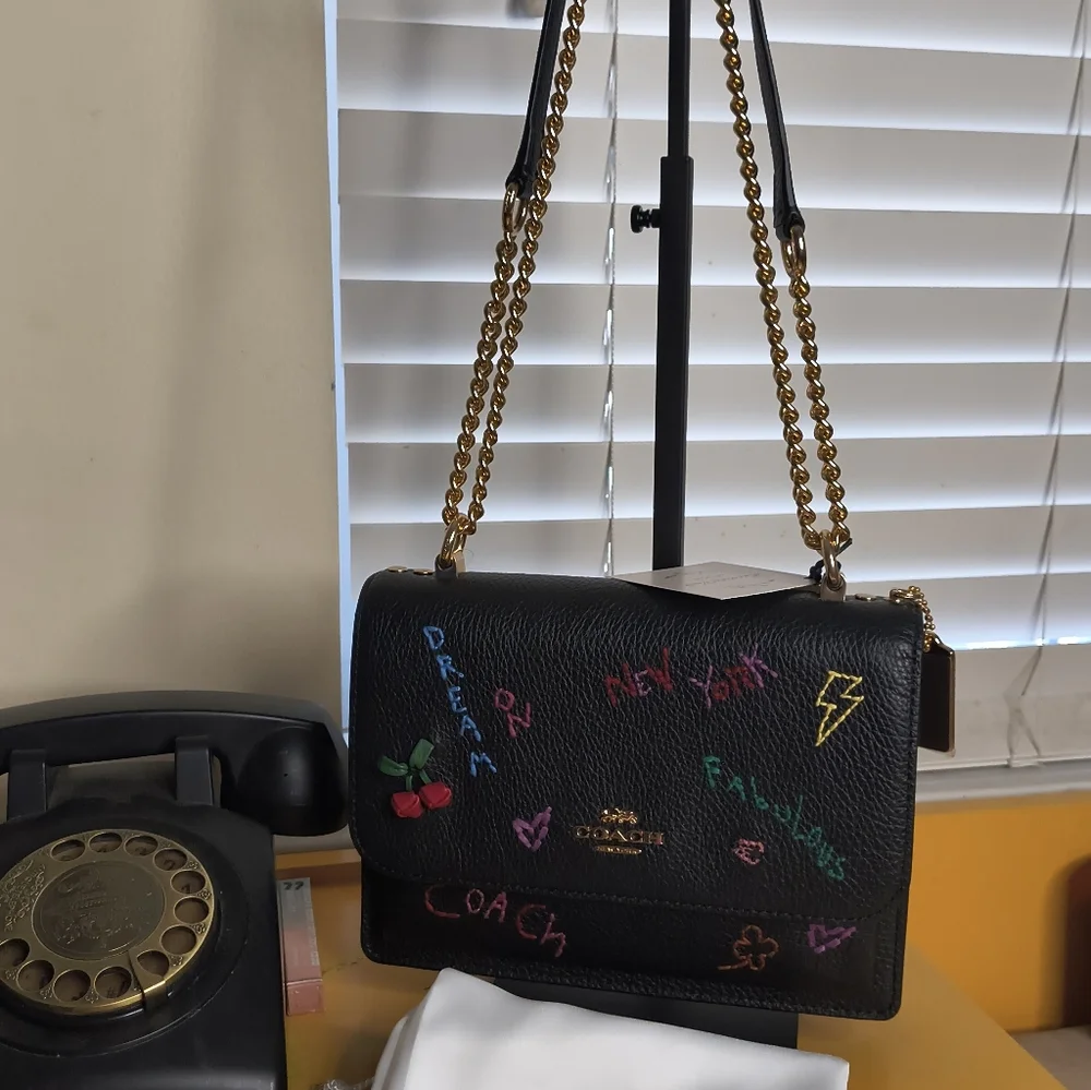 NWT COACH Klare Black Leather Crossbody Bag Embroidery Gold Hardware Medium Size - Picture 13 of 15